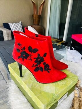 J.Renee Red Suede Ankle Booties with Black Floral Embroidery